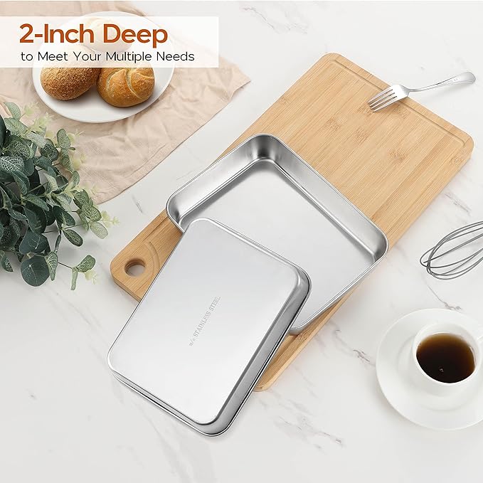9¼ x 7⅛ x 2 Inch Baking Pan with Lid, Stainless Steel Lasagna Rectangular Cake Pan, 2 Pack
