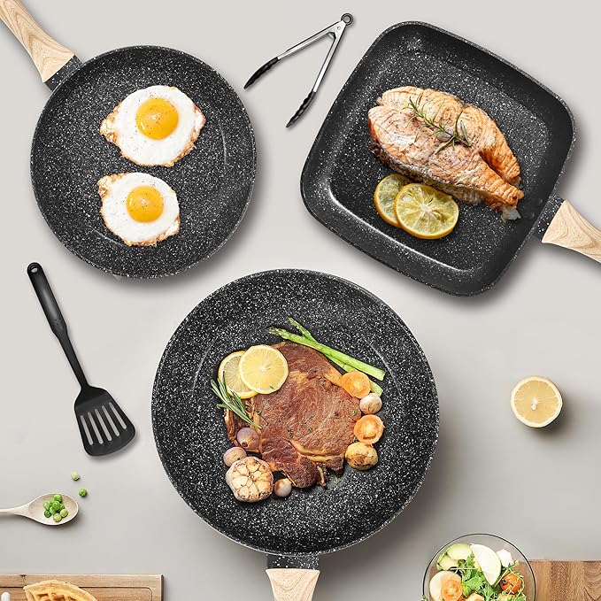 VOTTGO 31 Pcs Pots and Pans Set Non Stick, Black Granite Induction Cookware Set, Non Toxic Healthy RV Kitchen Cooking Set with Silicone Tools and Pot Protectors, PFOA PFOS PFAS Free