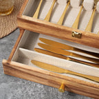 Silverware Box, 2-Layer Wooden Silverware Storage Box with Glass Lid, 14.5×10.6 Inches Vintage Style Decor Flatware Storage Case for Fine Flatware & Utensils, Gift Idea (Torched Wood)