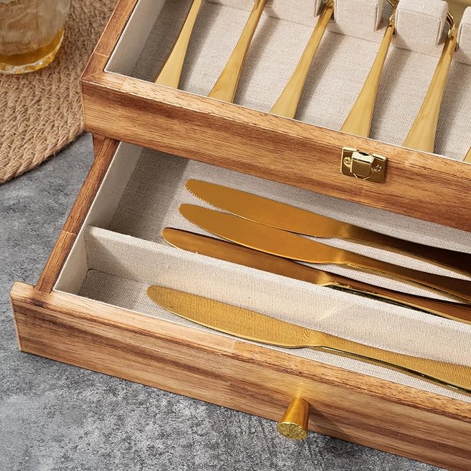 Silverware Box, 2-Layer Wooden Silverware Storage Box with Glass Lid, 14.5×10.6 Inches Vintage Style Decor Flatware Storage Case for Fine Flatware & Utensils, Gift Idea (Torched Wood)