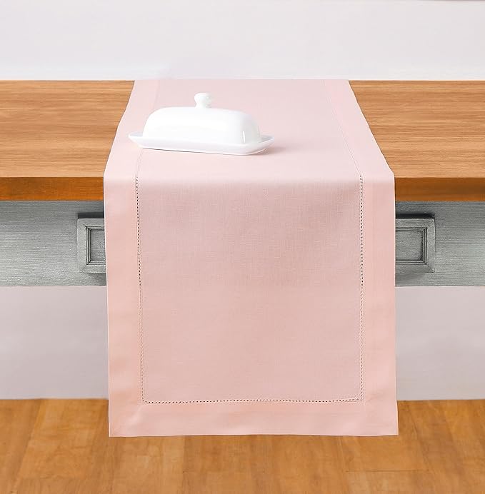 Solino Home Pink Table Runner 36 Inches - Cotton Linen Hemstitch Coffee Table Runner 14 x 36 Inch Ideal for Dresser Tables - Summer, Fall, Autumn, Halloween