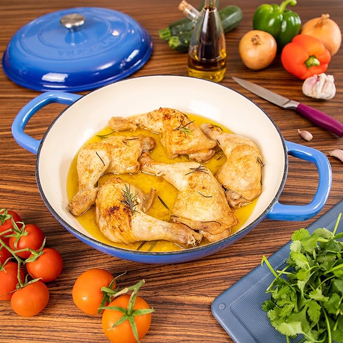 Cast Iron Dutch Oven with Lid – Non Stick Shallow Dutch Oven Pot, Oven Safe up to 500° F – Sturdy Cooking Pot – Enamelled Stockpot Cookware – Dark Blue, 3.7-Quart, 30cm – by Nuovva