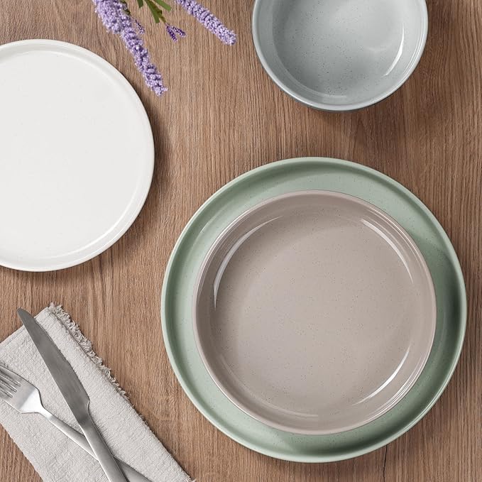 HaWare 16-Piece Plates and Bowls Set for 4, Stoneware Dinnerware Sets with Pasta Bowl, Dishes Set for Home Restaurant, Speckled Multicolor