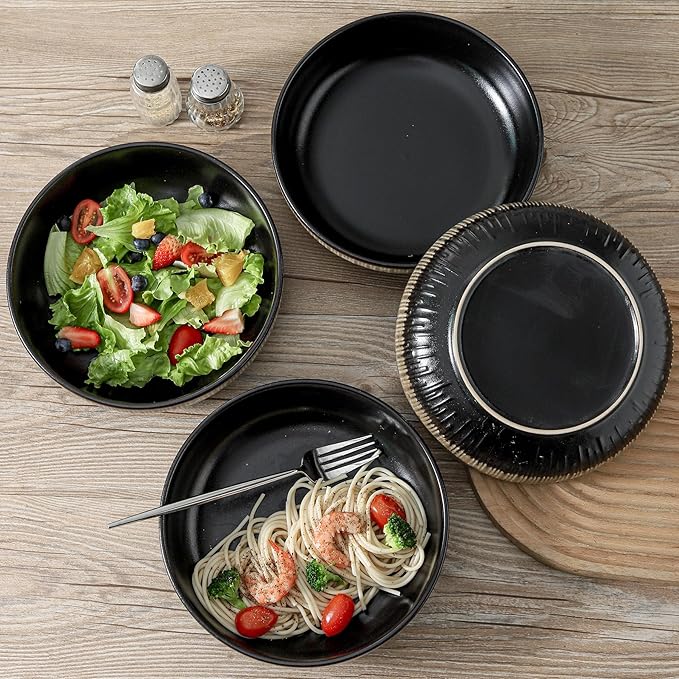 KOOV Ceramic Bowl, 46 OZ Pasta Bowls Set of 4, Large Salad Bowl Set, Large Bowl For Eating, Dinner Bowls, Stackable Serving Bowls, Stripe Series (Rough Black)