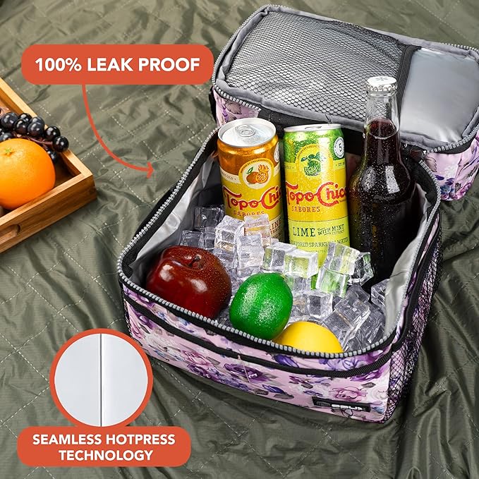 OPUX Lunch Box For Women, Insulated Large Lunch Bag Adult Work, Double Decker Lunchbox Meal Prep, Dual Compartment Leakproof Lunch Cooler, Lunch Pail Tote for Girls Kids School, Floral Gray 16 Cans