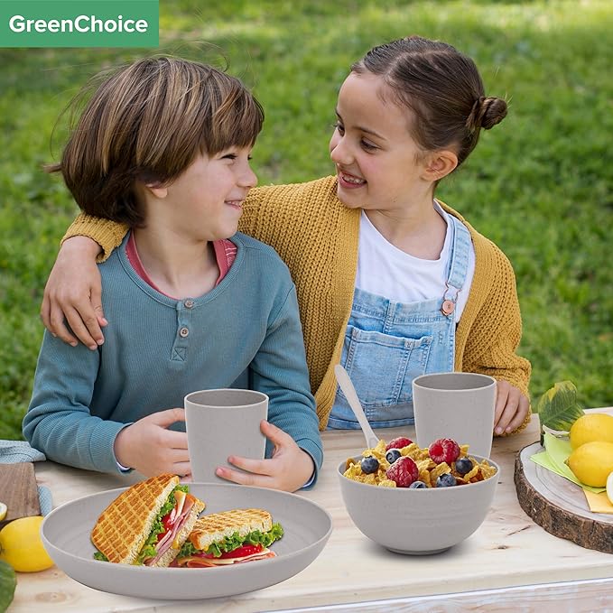 Wheat Straw Dinnerware Sets for 4 - GreenChoice Lightweight & Unbreakable Dishes Microwave & Dishwasher Safe Perfect for Camping, Picnic, RV, Dorm Plates, Cups and Bowls (Gray)