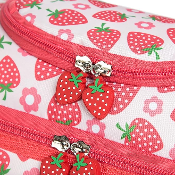 Insulated Kids Dual Compartment Lunch Bags Tote for Girls Boys Toddler Lunch Boxes Pre-School Toddler Kindergarten Picnic Camp Food Cooler Thermal with Strap (Bright Strawberry)