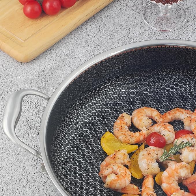 316L Stainless Steel 5QT Saute Pan Hexagon Nonstick Wok with Lid, Two Handle to Hold, PFOA Free, Dishwasher Oven Safe (12 inches,5QT)