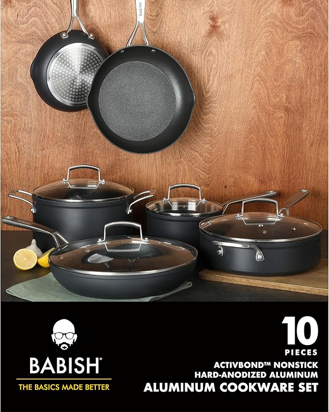 Babish 10 Piece Hard Anodized Laser Titanium Forever Non Stick Technology Durable Pots and Pans Cookware Set - Black