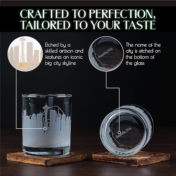 Greenline Goods Skyline Etched Seattle Whiskey Glasses Gift (Set of 2) | Old Fashioned Tumbler – For Seattle Lovers