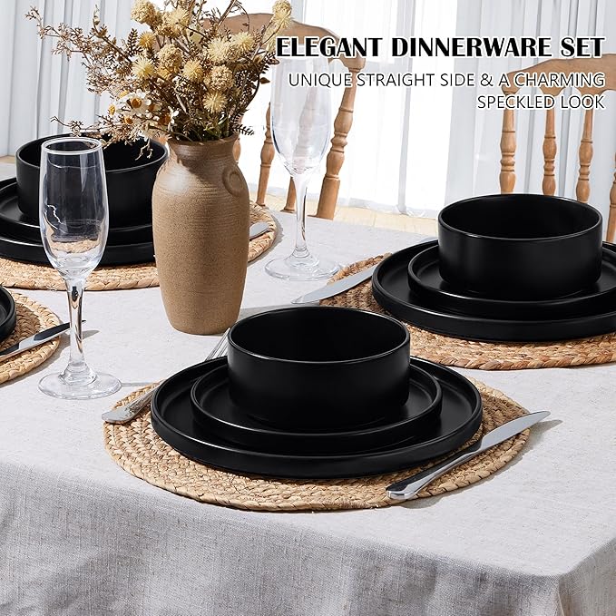 E-far Stoneware Dinnerware Sets, 12-Piece Plates and Bowls Dish Set for 4, Kitchen Modern Dinning Ware, Chip and Scratch Resistant, Microwave & Dishwasher Safe, Matte Black