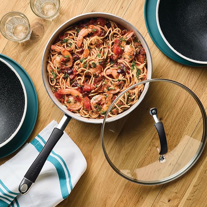 Rachael Ray Cucina Ceramic Nonstick Saute Pan with Lid, 3 Quart Non Stick Sauteuse Pan, Dishwasher Safe - Peppercorn