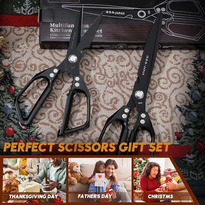 HUUSK Kitchen Scissors Set Black - Upgraded Stainless Steel Kitchen Shear, Sharp Meat Scissors, Heavy Duty Poultry Shears, Japanese Cooking Scissor for Food, Chicken Bones, and Turkey, Dishwasher Safe