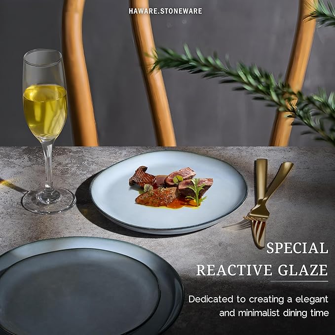 HaWare Stoneware Dinner Plates Set of 6, 10" Heavy Duty Ceramic Plates, Reactive Glaze Dinnerware for Home Restaurant, Chip and Scratch Resistant, Microwave and Dishwasher Safe, Reactive Foggy Blue