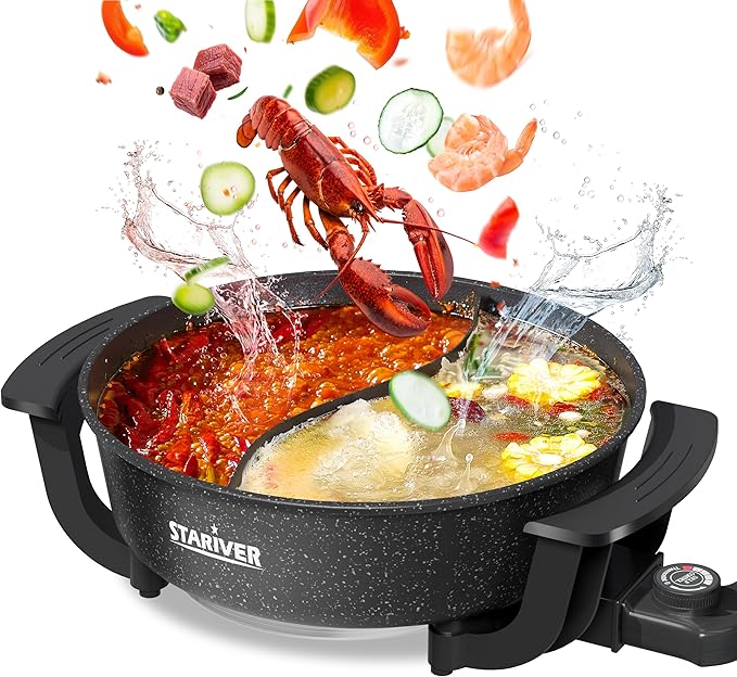 Stariver 6L Electric Hot Pot with Divider - Dual-Flavor Fondue & Shabu Shabu Pot, 1360W with 5-Temp Control, Non-Stick & BPA-Free, Perfect for Family Dinners & Parties