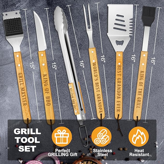 Grandpa Gifts from Grandkids, Grilling Gift Heavy Duty Wooden BBQ Grilling Accessories Kit, Thick Stainless Steel Grill Utensils with Non-Slip Handle Tools in Portable Bag on Christmas