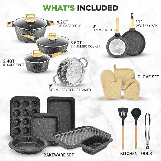NutriChef 22-Piece Black Marble Non-Stick Cookware and Bakeware Set - Professional Home Kitchen Collection with Multi-Sized Pots, Pans, and Heat-Resistant Tools