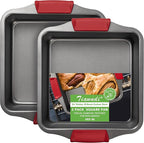 Tiawudi 9" Square Cake Pan Set of 2, 0.8mm Thick Heavy Duty Bakeware with Diamond Texture for Even Heating, Nonstick Baking Pan for Bread, Brownies & Lemon Bars, Cake Mold with Silicone Grip Handles
