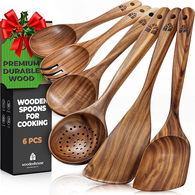 Wooden Spoons for Cooking – Wooden Kitchen Utensils Set, 6 Pcs Teak Wood Utensil Set – Comfortable Grip Non–Stick Wooden Cooking Utensils - Kitchen Gifts for Women Men, Cooking Gifts for Men Women