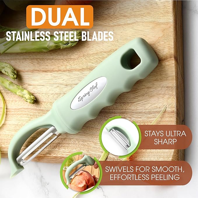 Spring Chef Premium Swivel Vegetable Peeler, Comfortable Handle and Ultra Sharp Stainless Steel Blades - Perfect Kitchen Peeler For Veggie, Fruit, Potato, Carrot, Apple - Pistachio