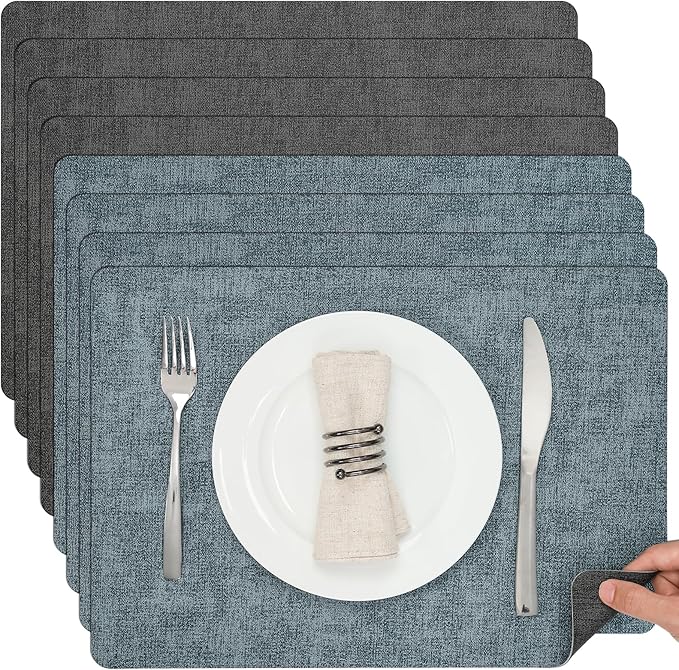 Myir JUN Dual Sided Placemats, Faux Leather Set of 8 for Dining Table, Non-Slip Washable Heat Resistant Indoor Outdoor Table Mats (Gray Light Blue)