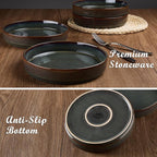 E-far Pasta Bowls Set of 4, 35oz Large Salad Bowl Plate for Dinner Serving, Wide & Shallow Ceramic Stoneware Pasta Plates, Microwave & Dishwasher Safe, Reactive Glaze Textured Stripes, Blackish Green