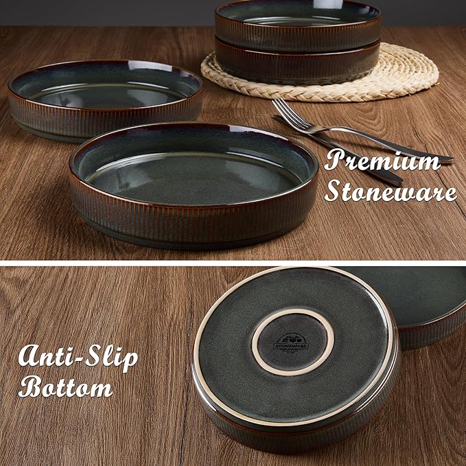 E-far Pasta Bowls Set of 4, 35oz Large Salad Bowl Plate for Dinner Serving, Wide & Shallow Ceramic Stoneware Pasta Plates, Microwave & Dishwasher Safe, Reactive Glaze Textured Stripes, Blackish Green