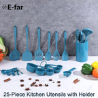 E-far Silicone Cooking Utensils Set, 25 Piece Kitchen Utensils with Holder, Non Toxic Kitchen Tools Spatula, Turner, Spoon, Ladle for Nonstick Cookware, Heat Resistant & Dishwasher Safe - Blue