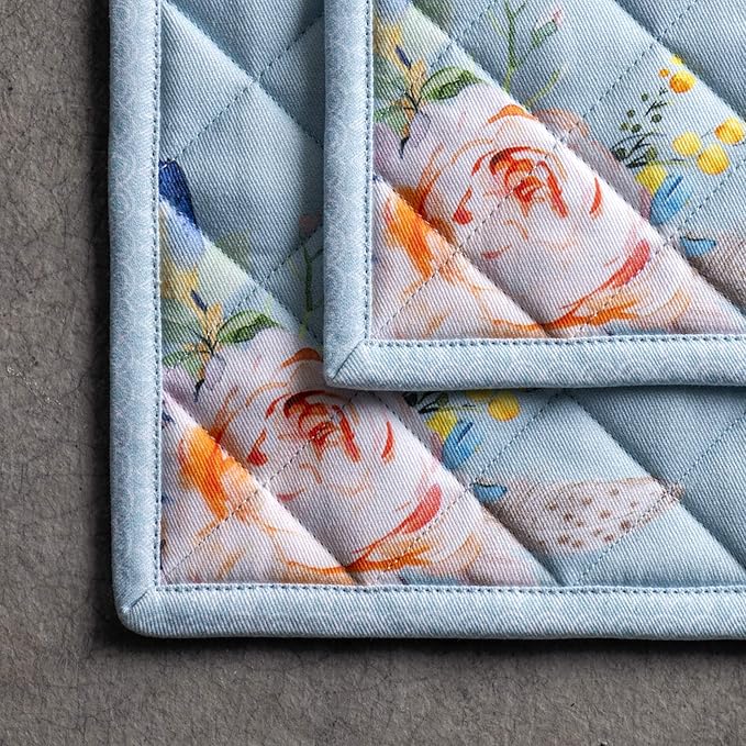 Maison d' Hermine Pot Holders Set 100% Cotton Heat Resistant Potholders 8" x 8" Hot Pads with Loop BBQ, Cooking, Baking, Grilling, Kitchen, Handling Hot Pans Spring/Summer (Pack of 2, Ibiza)