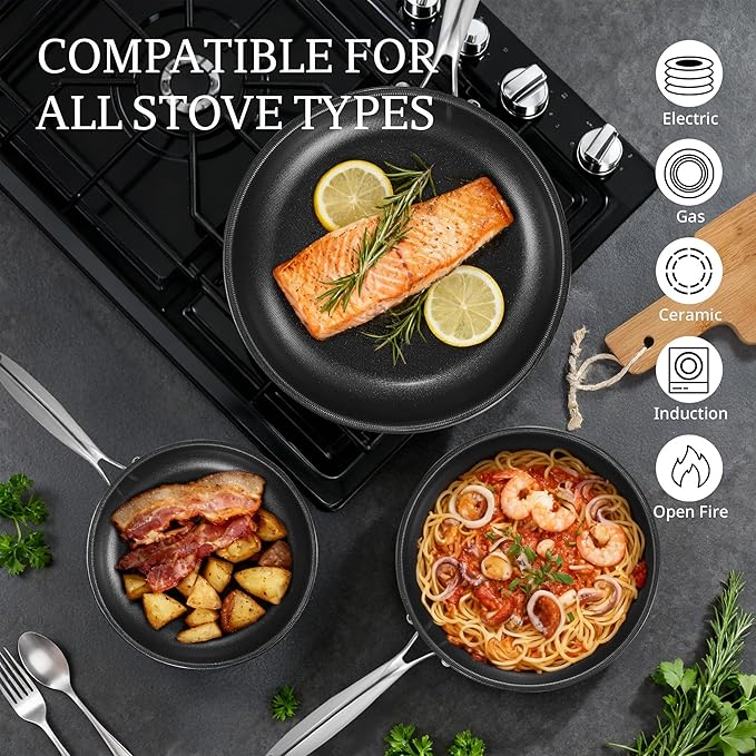 KITEXPERT Non Stick Frying Pans Set, Titanium Ceramic Pan with Lids, Nonstick Skillet Stainless Steel, PFAS PFOA & PTFE Free, Dishwasher & Oven Safe, All Cooktops Compatible, 3 Piece (8, 10, 12")