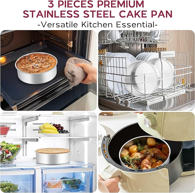 Onader 6 Inch Round Cake Pan Tin Set of 3, Stainless Steel Small Baking Pan for Wedding Birthday