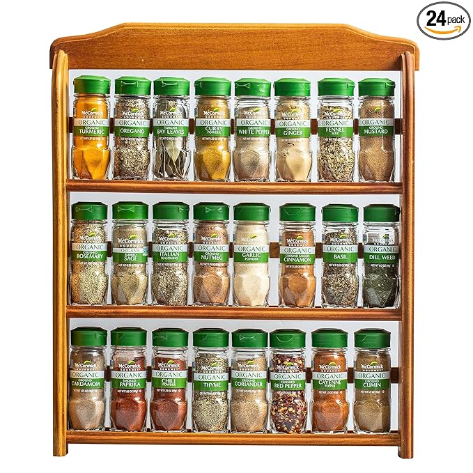 McCormick Gourmet Three Tier Wood 24 Piece Organic Spice Rack Organizer with Spices Included, 27.6 oz