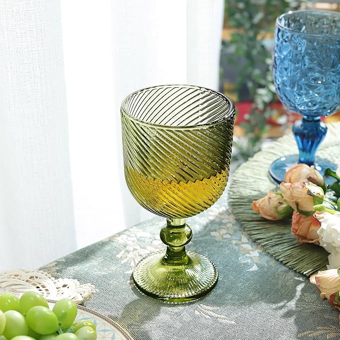 Joeyan Vintage Colored Glass Goblet,Green Ribbed Embossed Wine Glasses Water Drinking Glasses,Stemmed Wine Glassware for Christmas Party Wedding Table Decor,12 oz,Set of 4,Dishwasher Safe