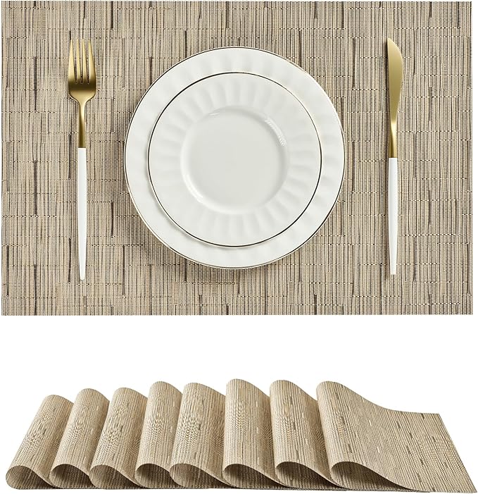 Leetaltree Light Brown Placemats Set of 8 - Heat Resistant Non-Slip Place mats for Dining Table, Washable Durable PVC Vinyl Woven Table Mats（Light Brown, 8）