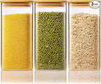 57oz - 3 Pack Square Glass Jars with Bamboo Lids, Glass Food Storage Containers with Airtight Lids for Kitchen, Air Tight Pantry Storage Containers for Cereal, Pasta, Rice, Sugar, Coffee, Spice