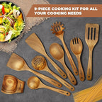 Acacia Wood Kitchen Utensil Set 9PC - Natural Wooden Cooking Tools for Nonstick Pans&Stir Frying, Scratch-Proof & Heat Resistant, Sturdy & Lightweight with Spoon Rest(Spatula/Spoon/Salad Fork)