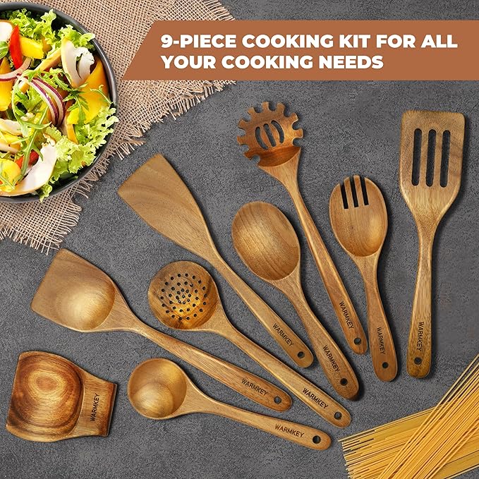 Acacia Wood Kitchen Utensil Set 9PC - Natural Wooden Cooking Tools for Nonstick Pans&Stir Frying, Scratch-Proof & Heat Resistant, Sturdy & Lightweight with Spoon Rest(Spatula/Spoon/Salad Fork)