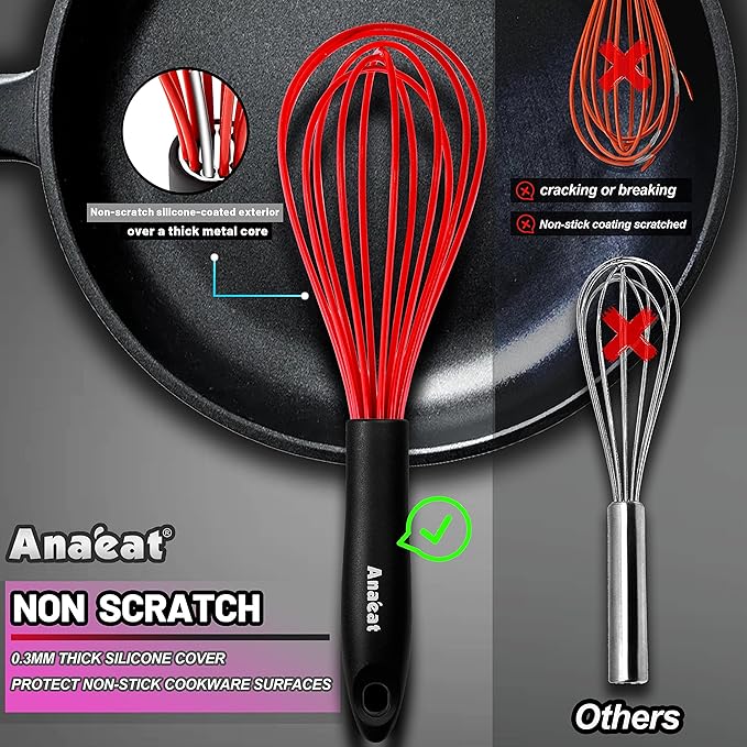 Anaeat Silicone Kitchen Whisk Set of 4, Perfect for Non-Stick Cookware, Milk and Egg Beater Blender for Whisking, Cooking, Baking, Beating - 11'' Flat Whisk and 8.5''+10.5''+12'' Balloon Whisks (Red)