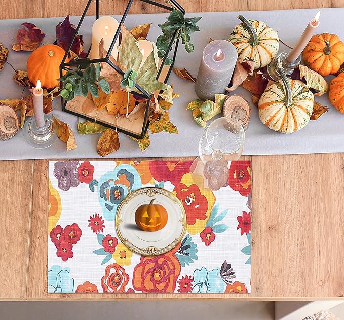 Ruvanti Placemats 100% Cotton 13x19 Inch, Dining Table Placemats Set of 6, Modern Place Mats for Dining Table Decor, Kitchen & Table Linens, Coffee Mat for Christmas Dinners – Multi Flower