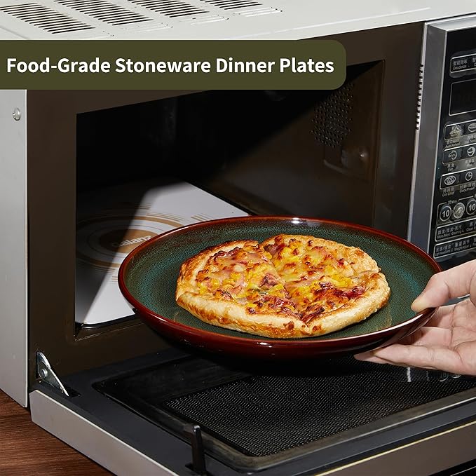 Stoneware Dinner Plates Set of 6, Ceramic Plates With Lipped Edges, Microwave/Dishwasher Safe, Modern Rustic Dinnerware, Kitchen Reactive Glaze Serving Dishes, Brown Green