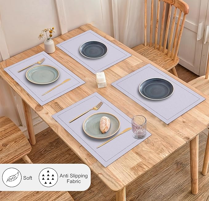 Ruvanti Linen Placemats Set of 6-13x19 Inch, Classic Hemstitch, Heat ‎Resistant Machine Washable Place Mats, Soft & Elegant- Perfect for Christmas, ‎Thanksgiving, Weddings, Dinner - Lavender Grey