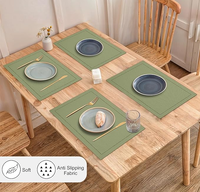 Ruvanti Linen Placemats Set of 6-13x19 Inch, Classic Hemstitch, Heat ‎Resistant Machine Washable Place Mats, Soft & Elegant- Perfect for Christmas, ‎Thanksgiving, Weddings, Dinner - Martini Olive
