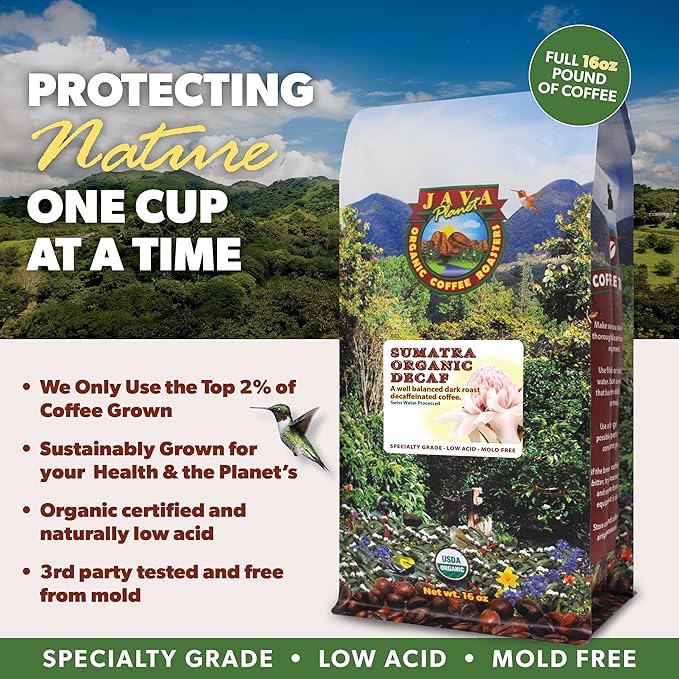 Low Acid Organic Coffee – Whole Bean, Mold-Free & Stomach Friendly by Java Planet, Sumatran Single Origin Decaf Coffee, Dark Roast, Smooth Full Flavored, 1LB Bag