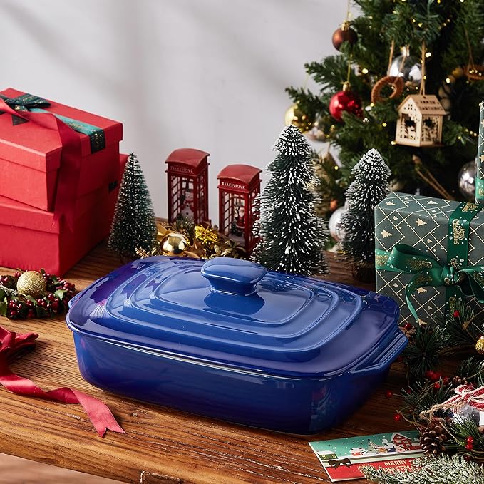 Lareina Large Ceramic Casserole Dish with Lid, 4.0 Quart Covered Rectangular Stoneware Baking Dishes for Oven, Deep 9x13 Inch Lasagna Pans for Baking and Serving, Perfect for Christmas Gifts, Blue