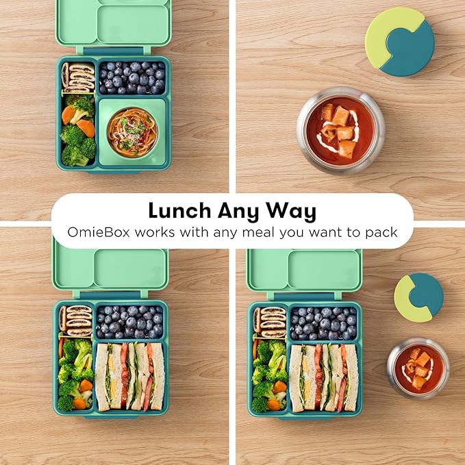 OmieBox Bento Box for Kids - Insulated Bento Lunch Box with Leak Proof Thermos Food Jar - 3 Compartments, Two Temperature Zones - (Meadow)