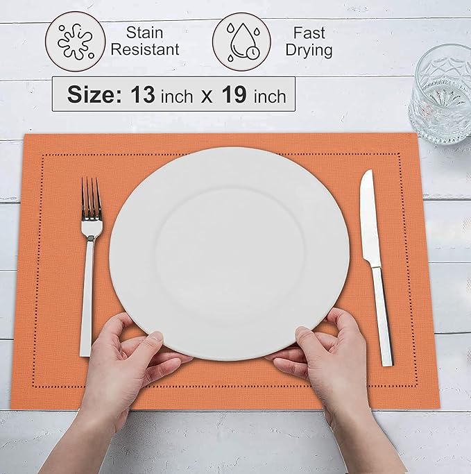 Ruvanti Linen Placemats Set of 6-13x19 Inch, Classic Hemstitch, Heat ‎Resistant Machine Washable Place Mats, Soft & Elegant- Perfect for Christmas, ‎Thanksgiving, Easter, Weddings, Dinner - Orange