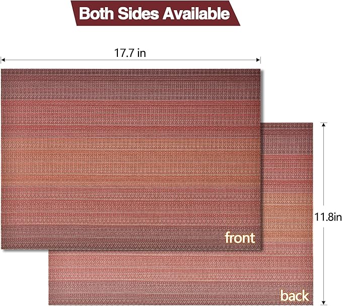 Placemats Set of 8 - Easy Clean Washable Vinyl Placemats - Wipeable Heat Resistant Table Mats for Dining Table - 17.7x11.8 Inch (8, Red Gradient)