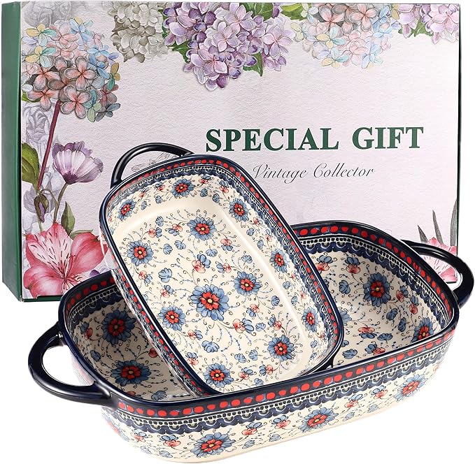 Ceramic Baking Dish Set of 2 – Decorative Polish Pottery Style Casserole Dishes with Handles, Cute Oven-Safe Lasagna Bakeware Gift Set