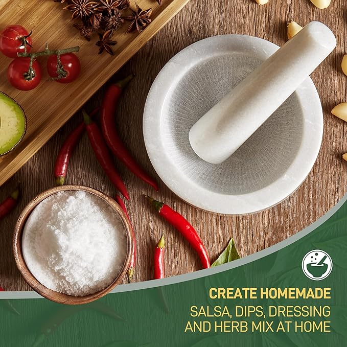 MarcZero 6inch Large Mortar and Pestle Set with Anti-Scratch Wooden Base, Heavy Duty Mortar and Pestle Made of Natural Marble(White)