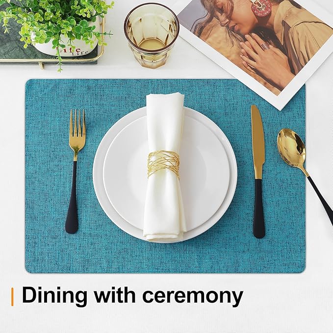 Homaxy Cloths Placemats for Dining Table Set of 6, Heat Resistant Washable Cotton Linen Blend Table Mats, Easy to Clean Place Mats for Indoor Outdoor Party Kitchen Decoration, 13" x 19", Teal